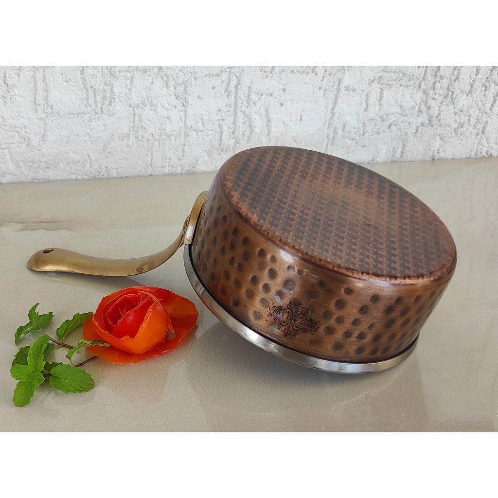 Indian Art Villa Steel Copper Antique Dark Tone Design Sauce Pan with Brass Handle, Serveware & Tableware, Hotel Restaurant