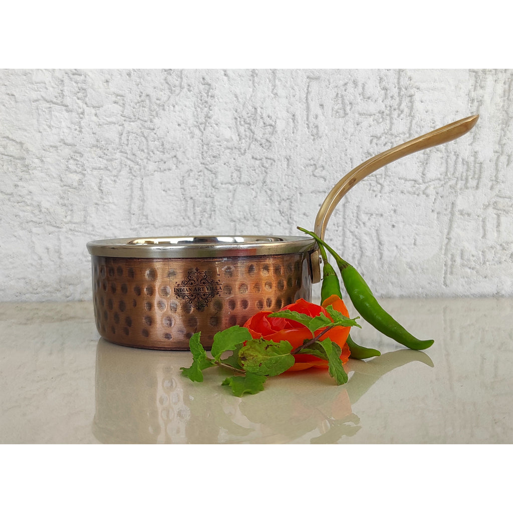 Indian Art Villa Steel Copper Antique Dark Tone Design Sauce Pan with Brass Handle, Serveware & Tableware, Hotel Restaurant