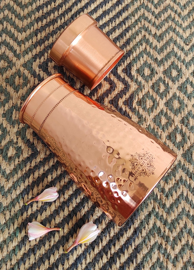 Indian Art Villa Pure Copper Hammered Design Bedroom Water Bottle with Inbuilt Glass, Health Benefits, Drinkware