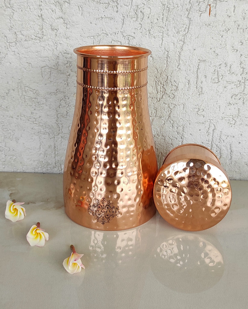 Indian Art Villa Pure Copper Hammered Design Bedroom Water Bottle with Inbuilt Glass, Health Benefits, Drinkware