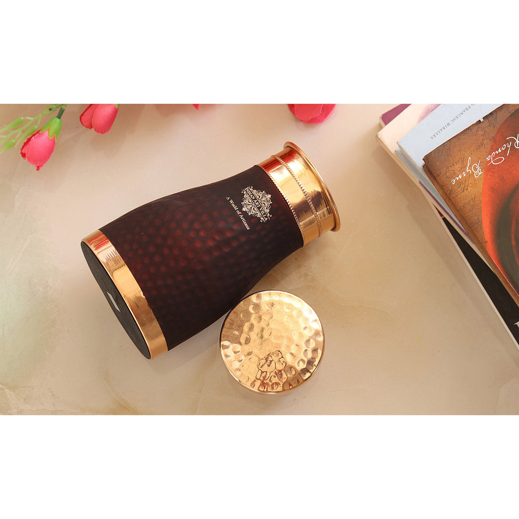 Indian Art Villa Pure Copper Hammered Silk Finish Bedroom Bottle with Inbuilt Glass, Volume-1000 ML