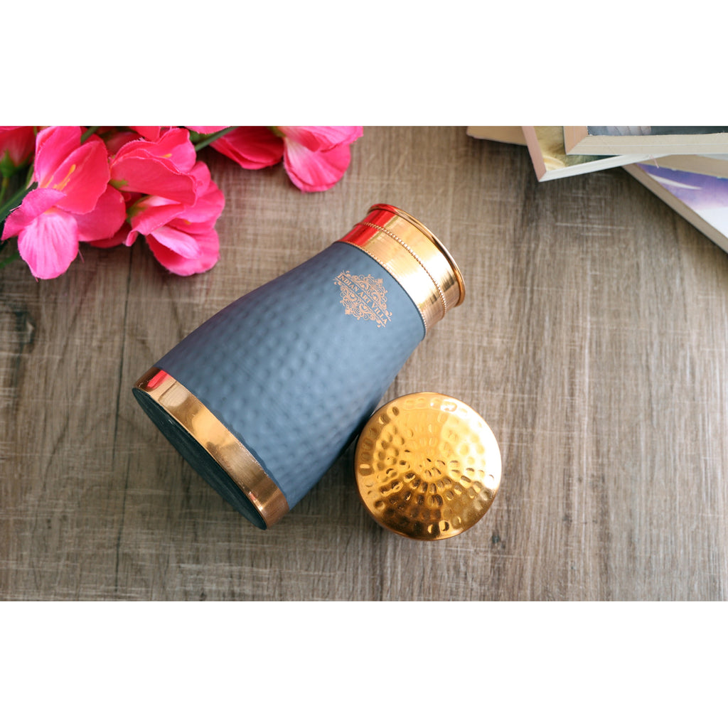 Indian Art Villa Pure Copper Hammered Silk Finish Bedroom Bottle with Inbuilt Glass, Volume-1000 ML