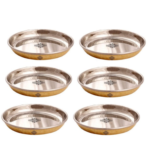 Elegant serveware brass rice thali set with dual tone round surface handcrafted by Indian Art Villa in classic design