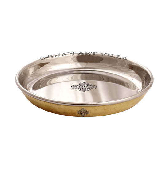 Serveware brass rice plate set by Indian Art Villa in polished round shape with stainless steel top and golden bottom