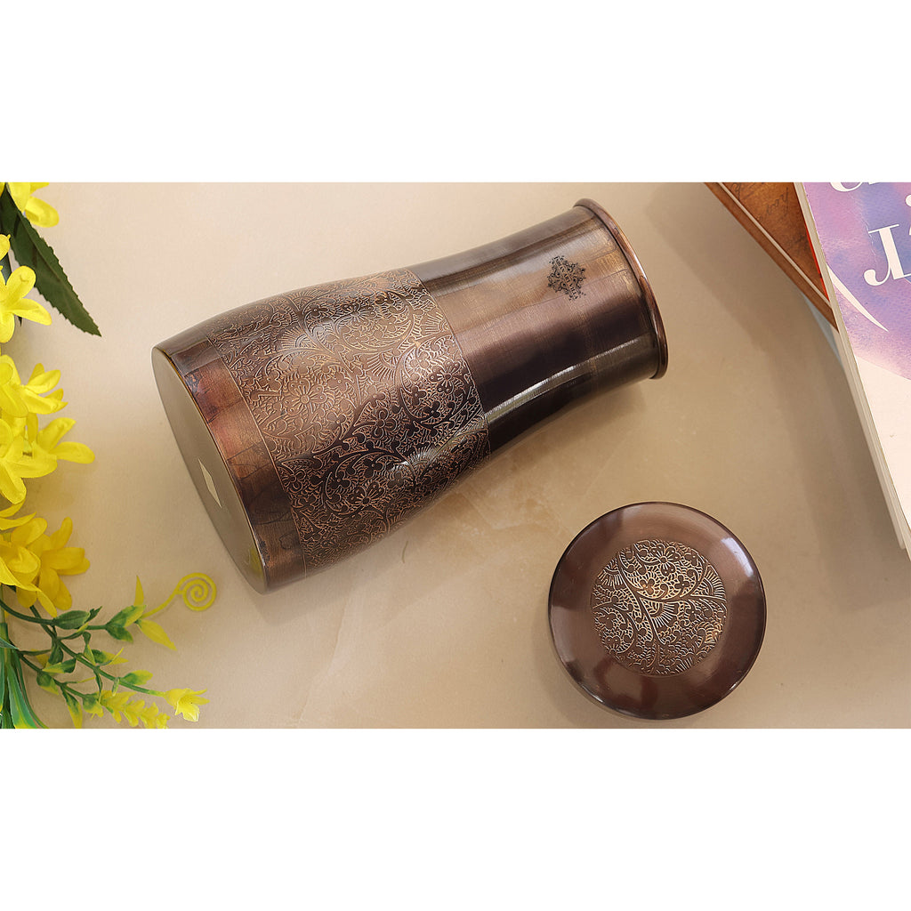 INDIAN ART VILLA Copper Embossed Bedroom Bottle in Antique Dark Finish, 1000 ML