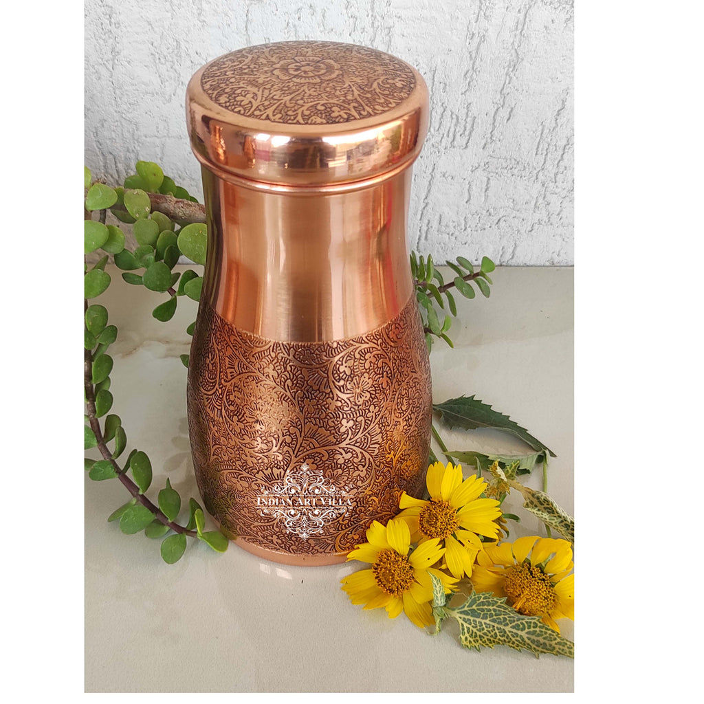 Pure Copper Embossed Design Bedroom Water Bottle with Inbuilt Glass,Health Benefits,Storage Water, Drinkware, 1000 ML