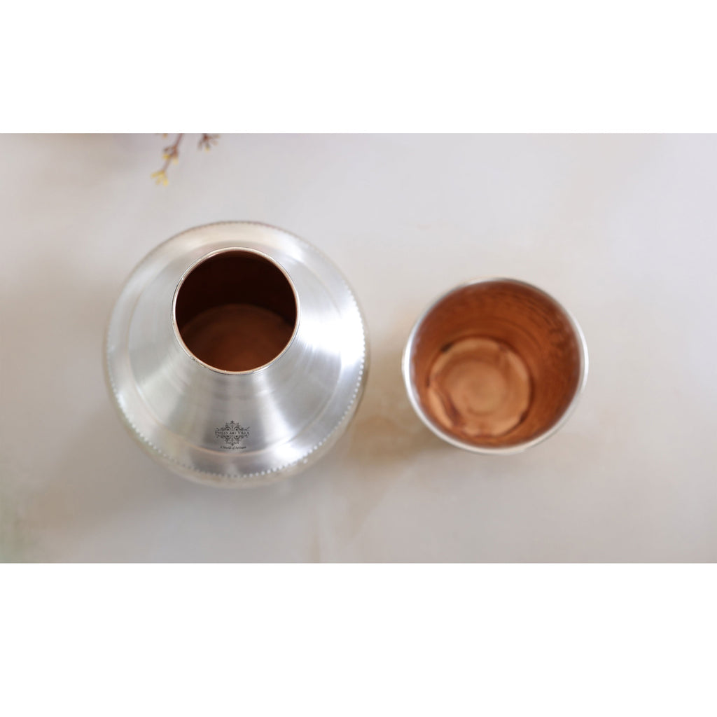 INDIAN ART VILLA Silver Plated Hammered Design Surahi Shpae Bedroom Bottle with Inner Side Pure Copper With Inbuild Glass,Volume 1250 ML
