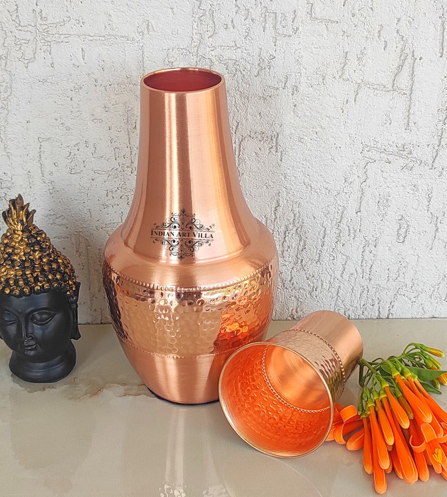 INDIAN ART VILLA Pure Copper Hammered Lacquer Coated Surai Shaped Bedroom Bottle with a Built-in Glass, 1250 ML, Glass : 250 ml