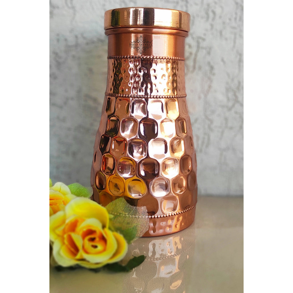 Copper Diamond Hammered Design Bedroom Bottle with Inbuilt Glass, Volume- 850 ML
