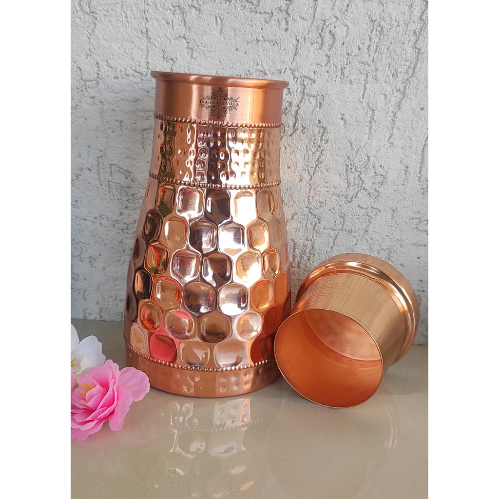 INDIAN ART VILLA Copper Diamond Hammered Design Bedroom Bottle with Inbuilt Glass, Volume- 850 ML