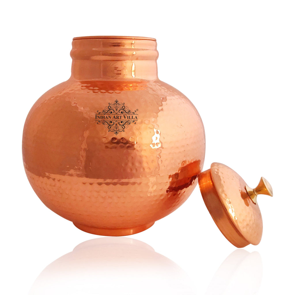 Indian Art Villa Pure Copper Hammered Design Matka/Pot with Lid & Brass Knob On Top, Drinkware & Storage Purpose,