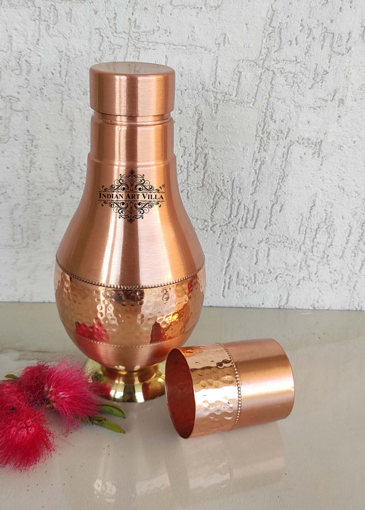Indian Art Villa Pure Copper Hammered Lacquer Coated Leak Proof Surai Shaped Bedroom Bottle with a Built-in Glass & Brass Bottom, Drinkware, Serveware, Bottle : 925 ml, Glass : 250 ml