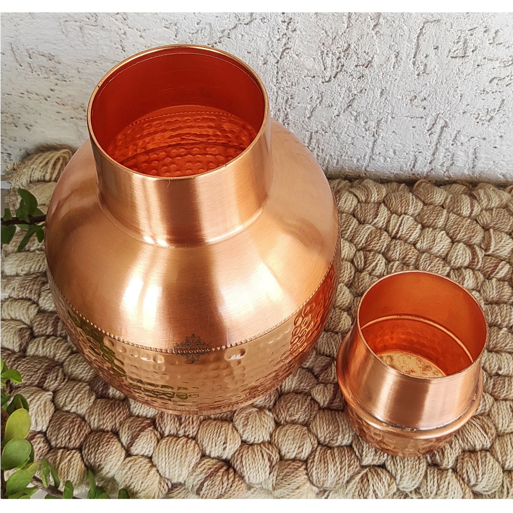 Pure Copper Half Hammered & Half Lacquered Pot Shaped Bedroom Bottle With Inbuilt Glass, Drinkware, Tableware, Volume 1650 ml