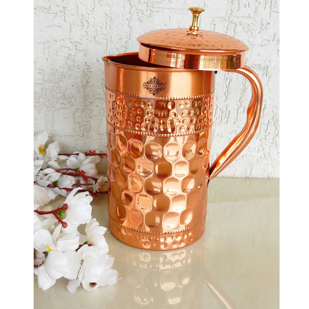 Indian Art Villa Pure Copper Jug/Pitcher With Diamond Hammered Beeding Design, Drinkware & Storage Purpose