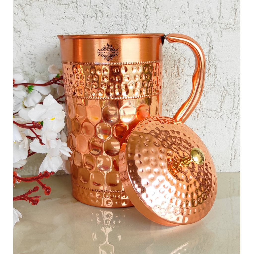 Indian Art Villa Pure Copper Jug/Pitcher With Diamond Hammered Beeding Design, Drinkware & Storage Purpose