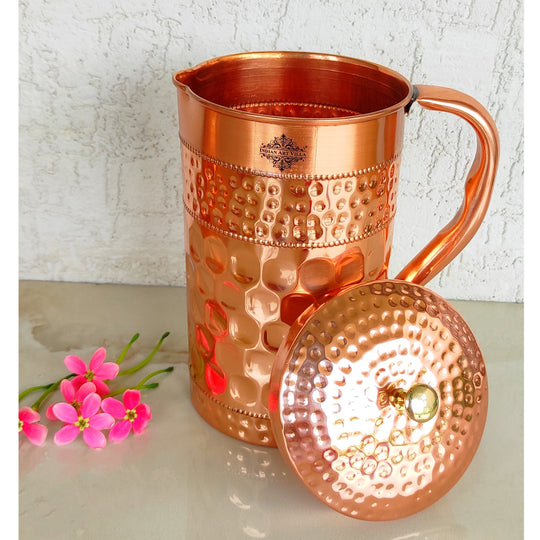 Pure Copper Jug With Diamond Hammered Beeding & Plain Design