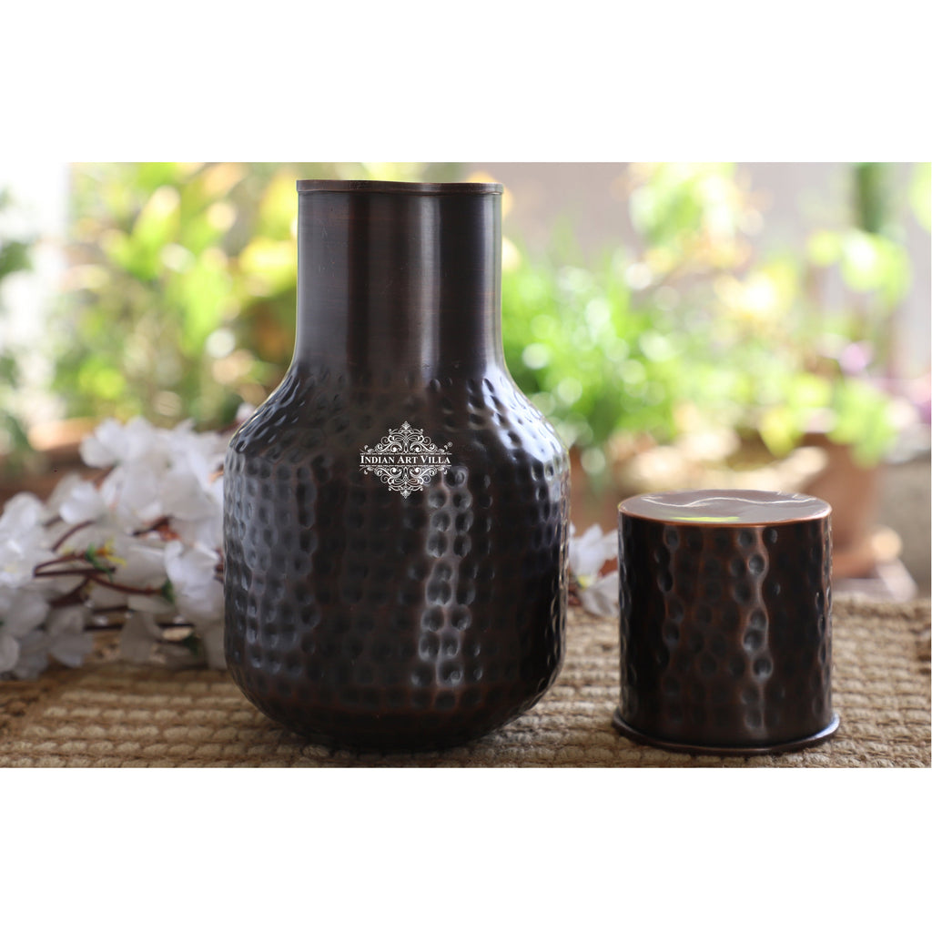 Indian Art Villa Copper Hammered Antique Dark Finish Traditional Ghada Shape bedroom bottle with inbuilt glass, Volume-1500 ML