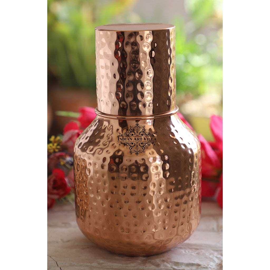 Indian Art Villa Copper Hammered Shine Finish Traditional Ghada Shape bedroom bottle with inbuilt glass, Volume-1500 ML