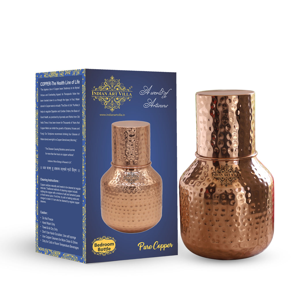Indian Art Villa Copper Hammered Shine Finish Traditional Ghada Shape bedroom bottle with inbuilt glass, Volume-1500 ML