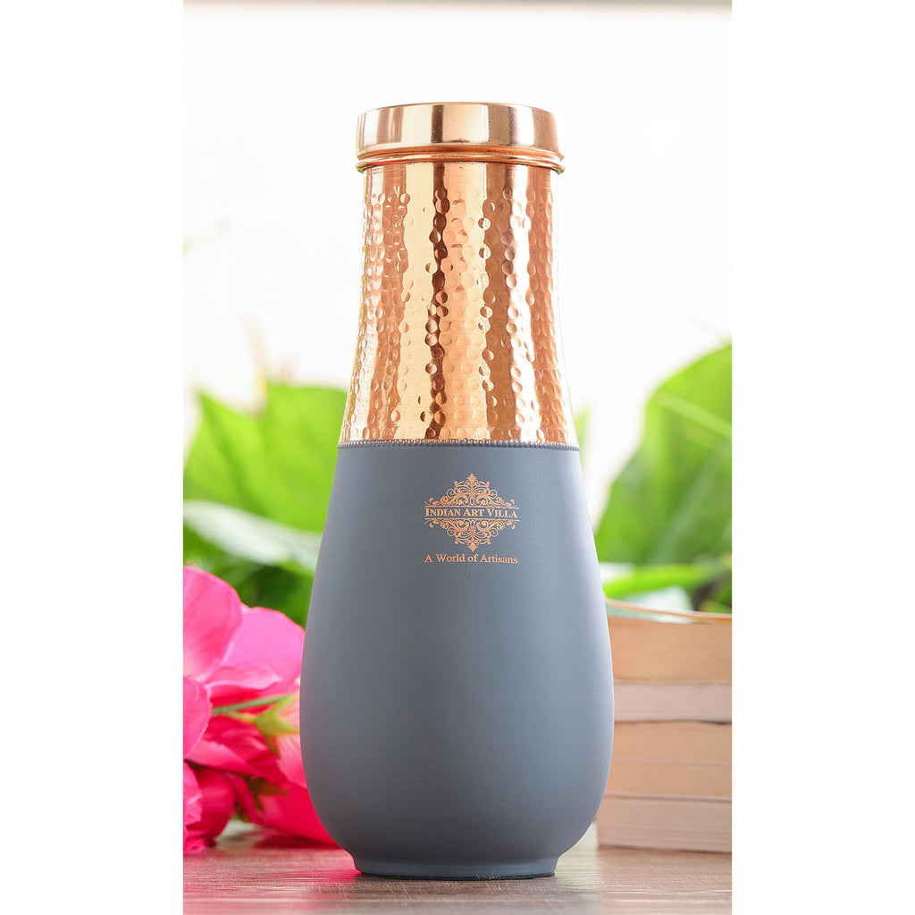 Indian Art Villa Pure Copper Half Hammered and Silk Finish Vase Shape Bedroom Bottle, Volume 1425 ML