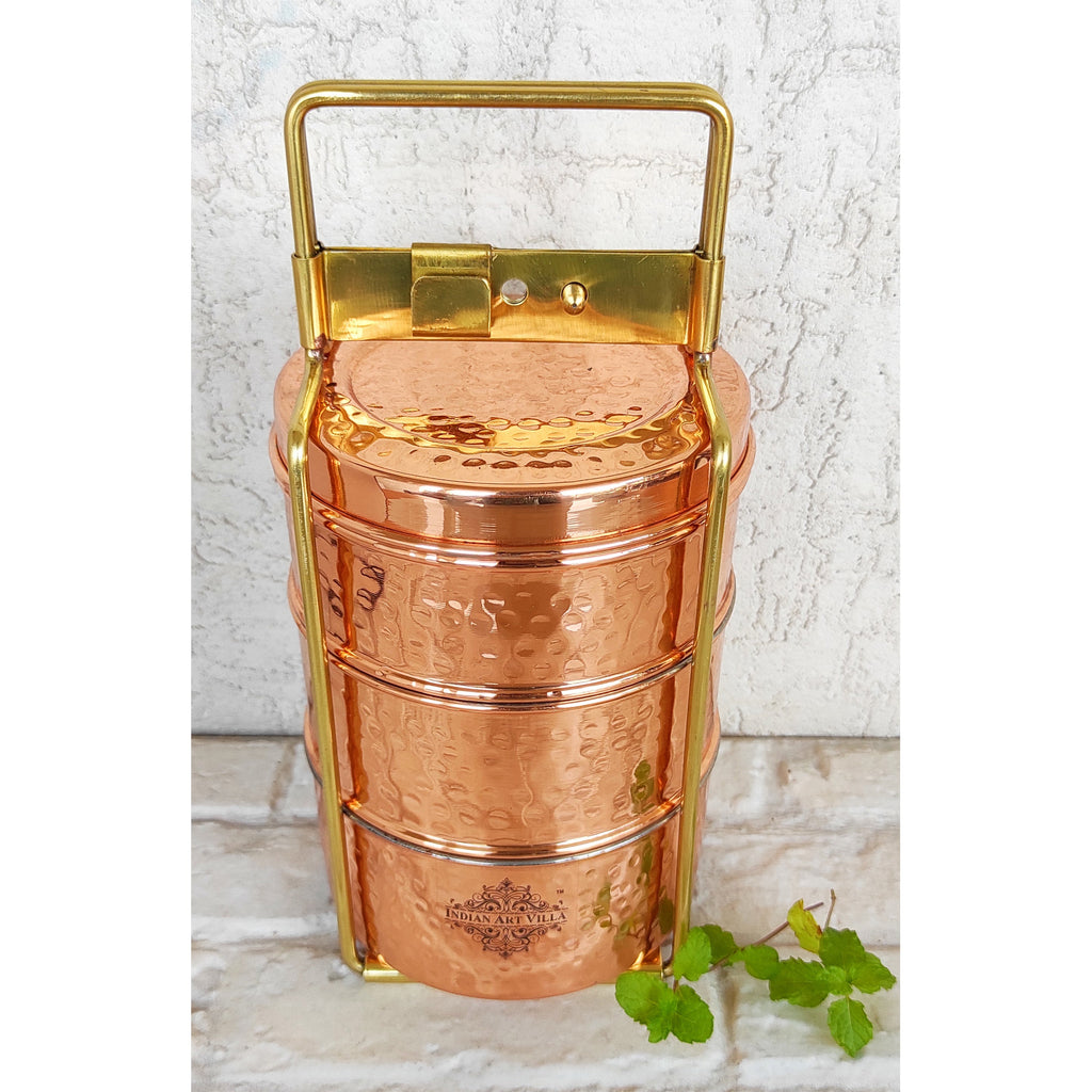 Indian Art Villa Pure Copper With Inside Tin Lining Lunch/Tiffin Box With Hammered Design, For Office, School & Travelling