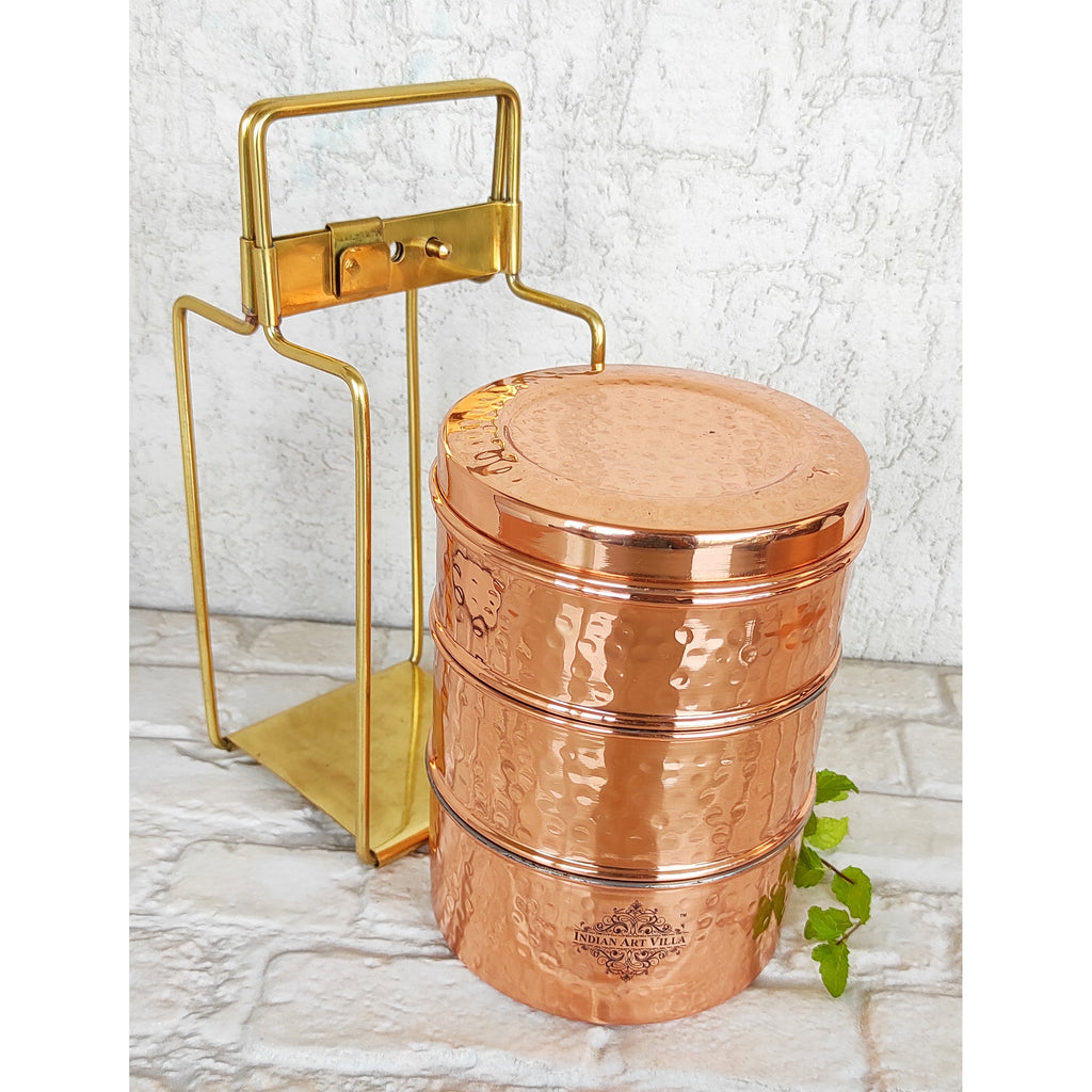 Indian Art Villa Pure Copper With Inside Tin Lining Lunch/Tiffin Box With Hammered Design, For Office, School & Travelling