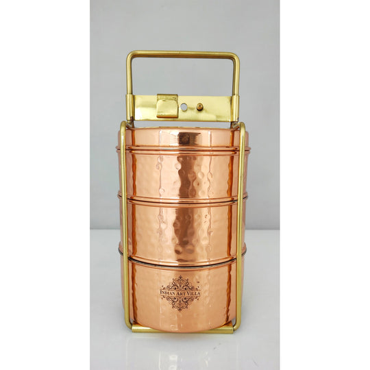 Pure Copper With Inside Tin Lining Lunch/Tiffin Box With Hammered Design, For Office, School & Travelling