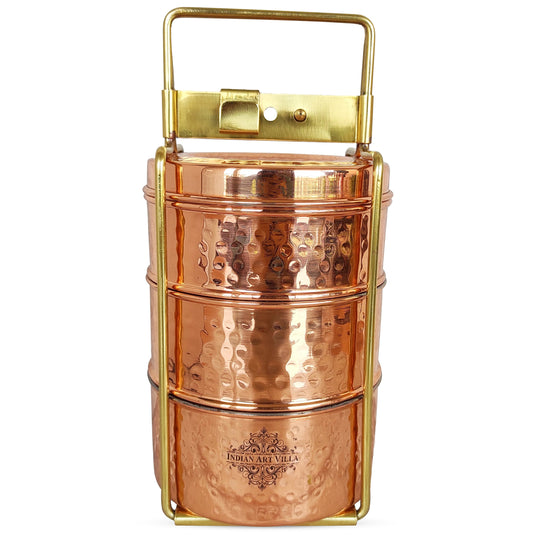 Pure Copper With Inside Tin Lining Lunch/Tiffin Box With Hammered Design, For Office, School & Travelling