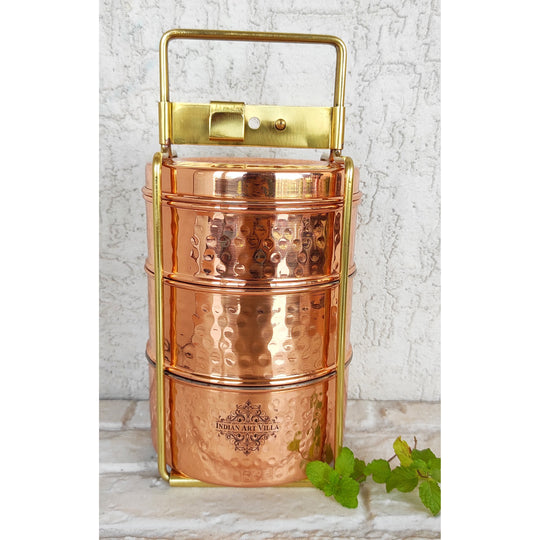 Pure Copper With Inside Tin Lining Lunch/Tiffin Box With Hammered Design, For Office, School & Travelling