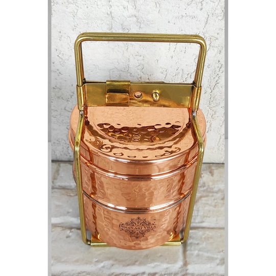 Pure Copper With Inside Tin Lining Lunch/Tiffin Box With Hammered Design, For Office, School & Travelling