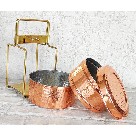 Pure Copper With Inside Tin Lining Lunch/Tiffin Box With Hammered Design, For Office, School & Travelling