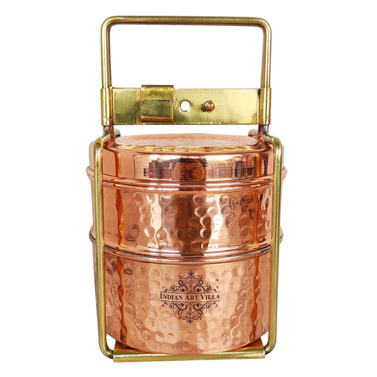 Pure Copper With Inside Tin Lining Lunch/Tiffin Box With Hammered Design, For Office, School & Travelling
