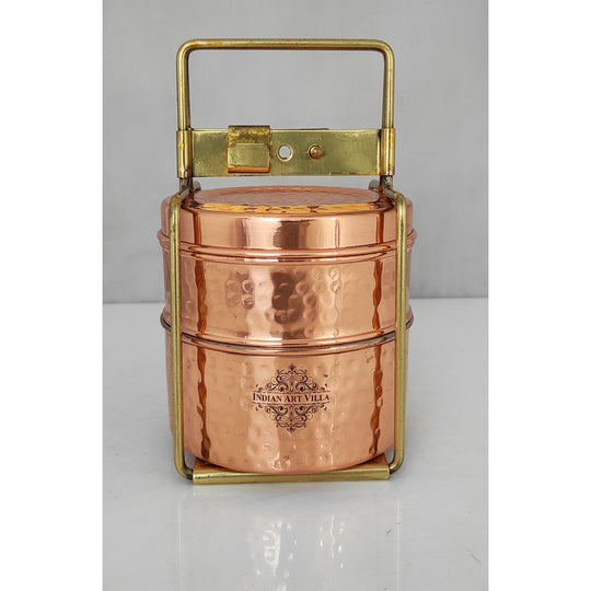 Pure Copper With Inside Tin Lining Lunch/Tiffin Box With Hammered Design, For Office, School & Travelling