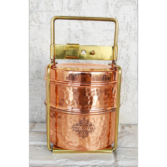 Pure Copper With Inside Tin Lining Lunch/Tiffin Box With Hammered Design, For Office, School & Travelling