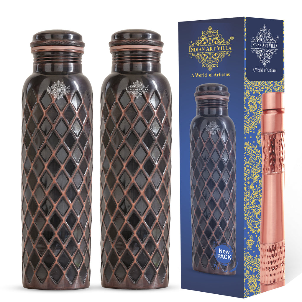 Indian Art Villa Pure Copper Diagonal Design Antique Finish Dark Anti Tarnish Bottle,900 Ml
