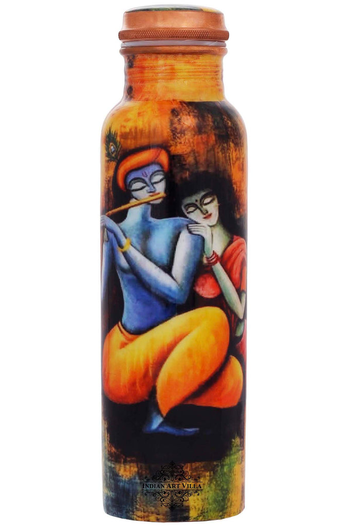 INDIAN ART VILLA Pure Copper Radha Krishna Printed Bottle, Volume-1000 ml, Health Benefits, 1000 ML
