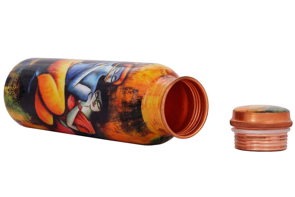 Pure Copper Radha Krishna Printed Design Lacquer Coated Water Bottle, Health Benefits, Drinkware, 1000 ML