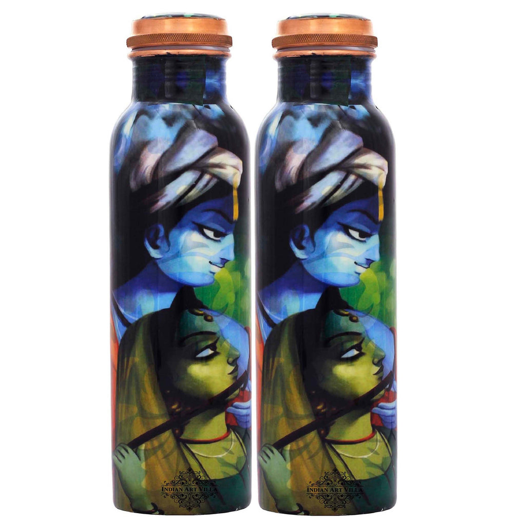 Indian Art Villa Pure Copper Water Bottle With Radhe Krishna Printed Design, Drinking & Serving Water, Yoga Ayurveda, Volume-1000 ml Set Of 2