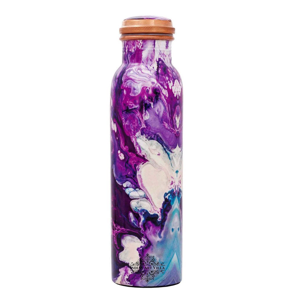 Indian Art Villa Pure Copper Printed Water Bottle with Purple Marble Design, 1000 ML, Purple