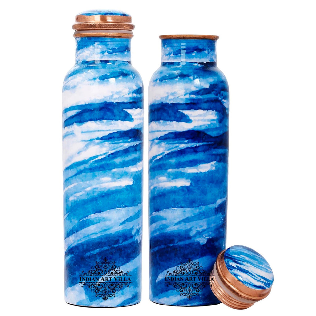 Indian Art Villa Pure Copper Printed Water Bottle with Aqua Blue Marble Design, Drinkware & Storage Purpose, Ayurvedic Health Benefits, Volume-1000 ml Set Of 2