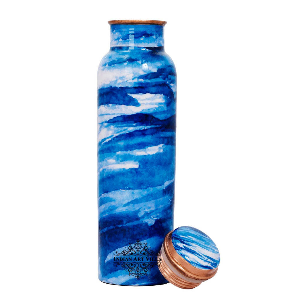 Indian Art Villa Pure Copper Printed Water Bottle with Aqua Blue Marble Design, Drinkware & Storage Purpose, Volume-1000 ml