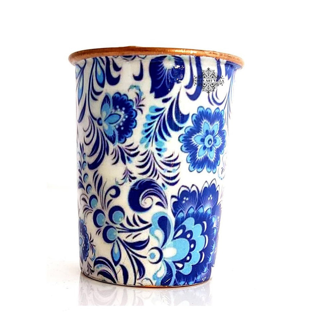 Indian Art Villa  Pure Copper Flower Design Glass, 300 ML, Blue & White