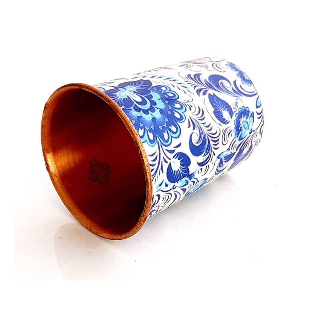 Indian Art Villa  Pure Copper Flower Design Glass, 300 ML, Blue & White