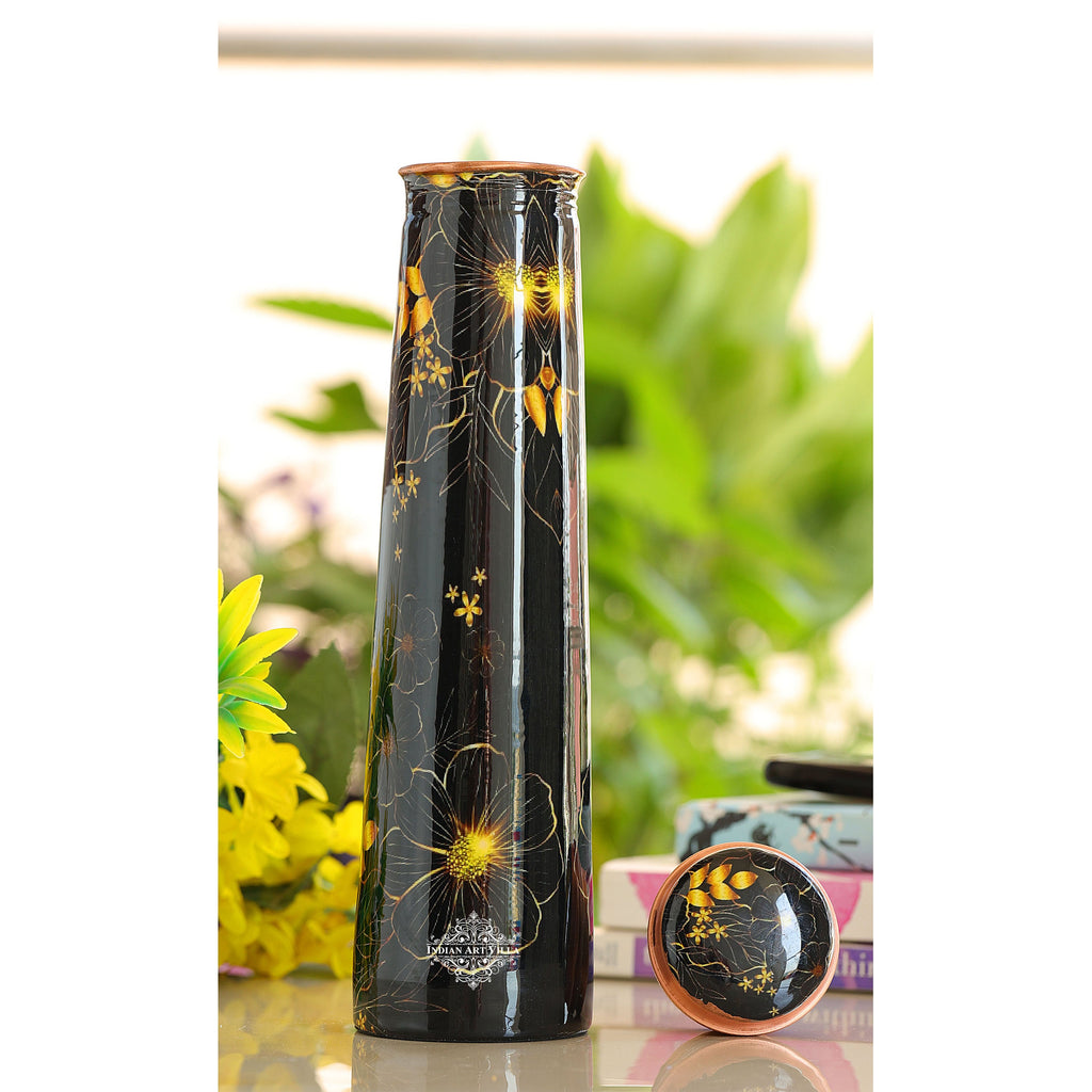 Indian Art Villa Pure Copper Tube Slim Bottle in Black Floral Print, Volume - 750 Ml