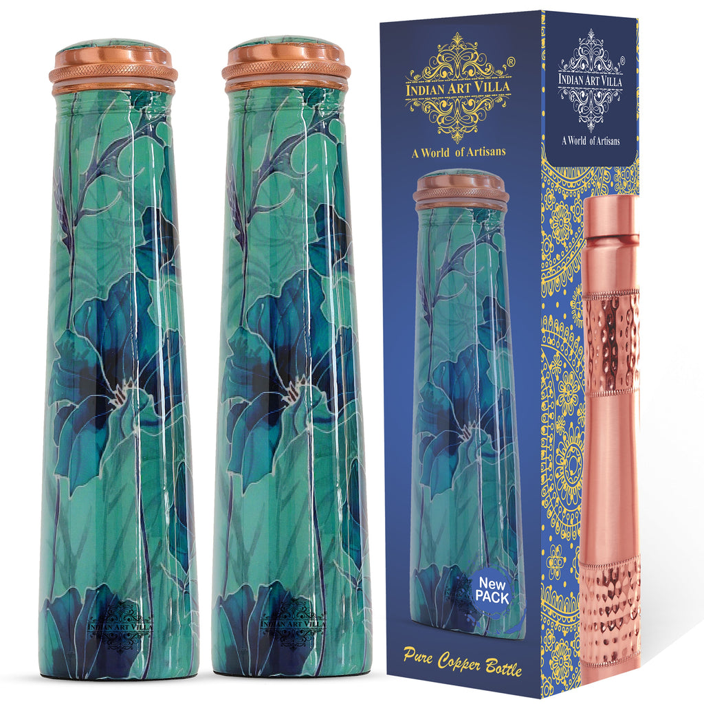 Indian Art Villa Pure Copper Tube Slim Bottle in Blue Leaf Print, Volume - 750 Ml