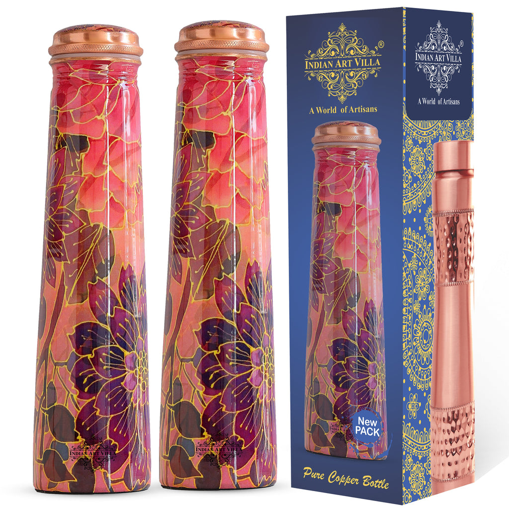 Indian Art Villa Pure Copper Tube Slim Bottle in Pink Floral Print, Volume - 750 Ml