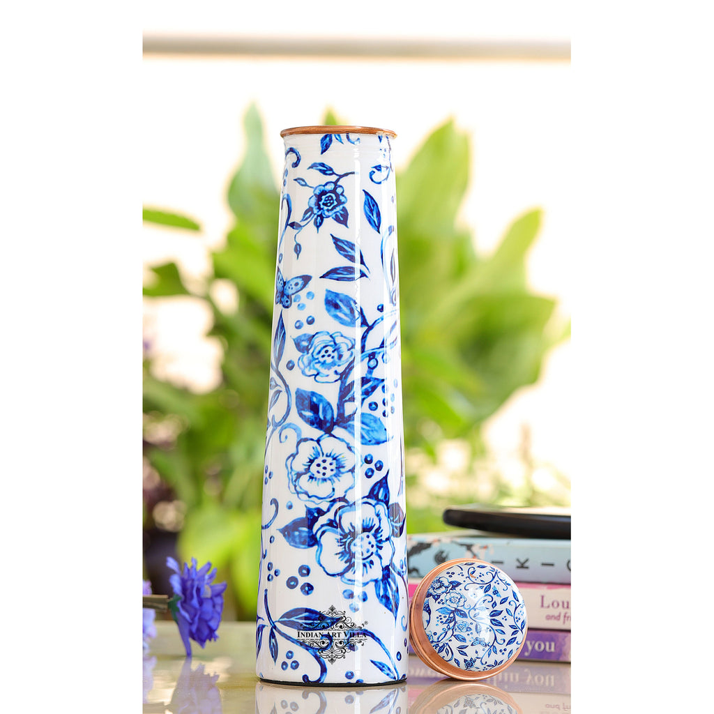 Indian Art Villa Pure Copper Tube Slim Bottle in White Floral Print, Volume - 750 Ml
