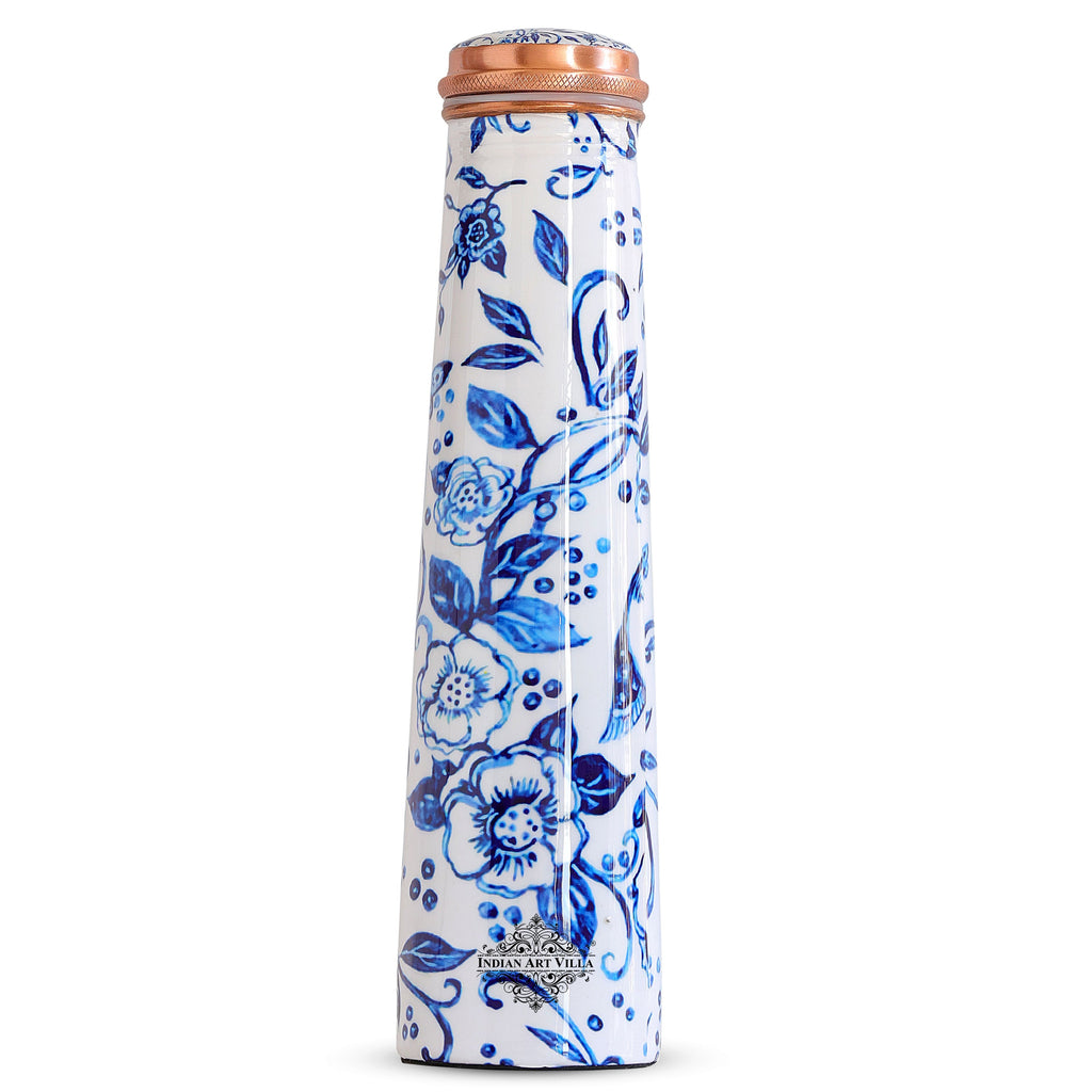 Indian Art Villa Pure Copper Tube Slim Bottle in White Floral Print, Volume - 750 Ml