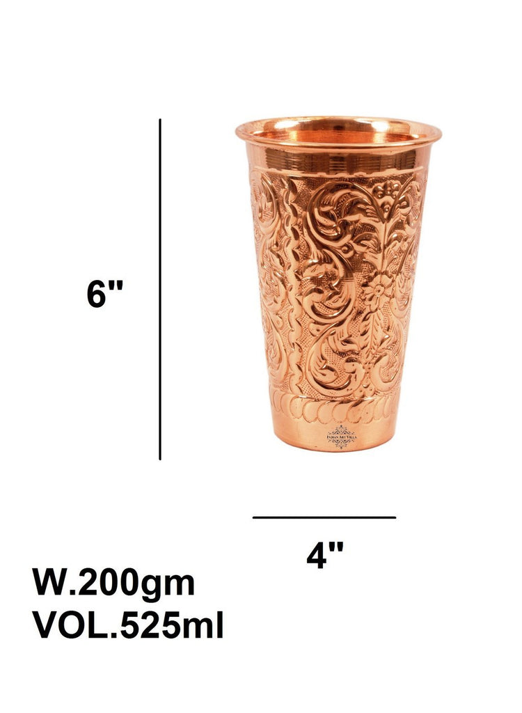 Indian Art Villa Pure Copper Tumbler Glass Cup, Designer storing water 525 ML, Brown