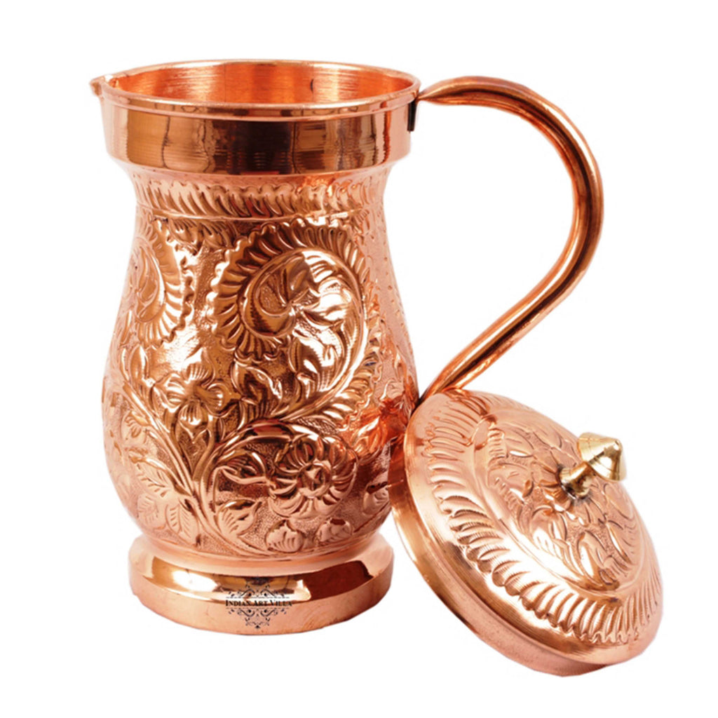 Indian Art Villa Pure Copper Jug pitcher With Brass Knob, 1500 ml. Brown